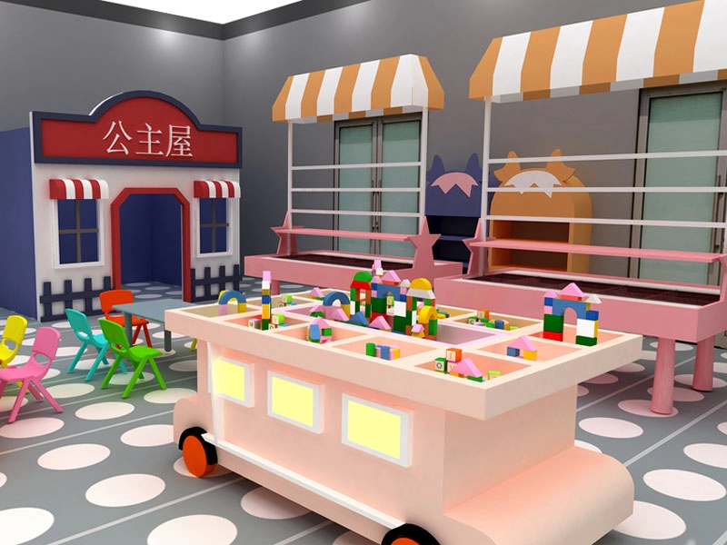 Gran centro comercial con área de juegos interior para niños