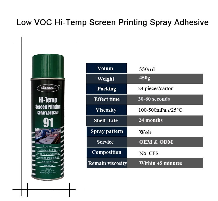 Adhesivo en aerosol para marco de pantalla de alta temperatura y transferencia de calor bajo en VOC para serigrafía