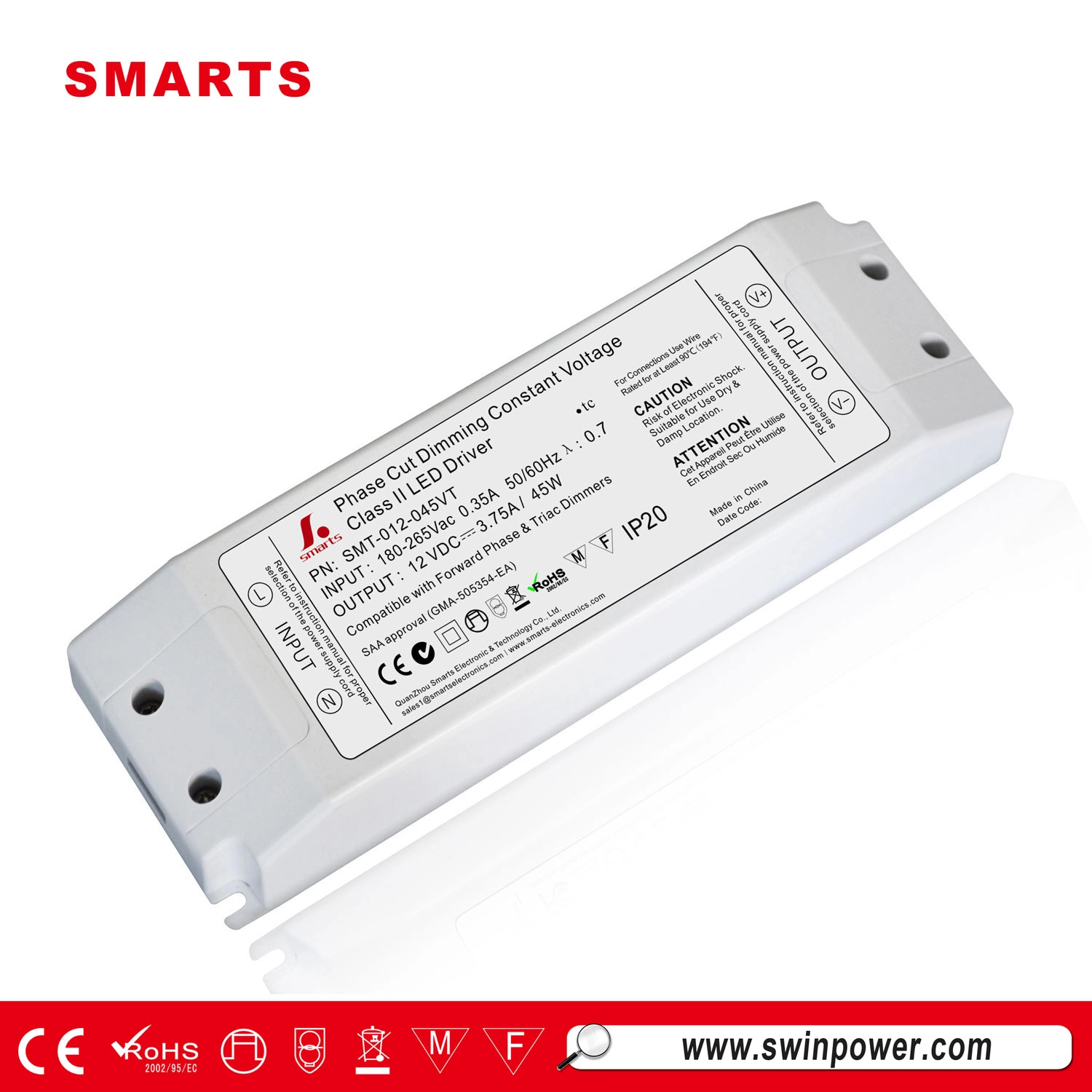 Fuente de alimentación de luz de tira led de voltaje constante saa de controlador led regulable de 45w 12vdc barata
