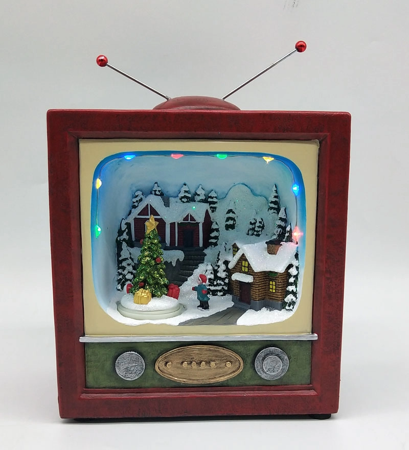 Aldea de Navidad LED con árbol de Navidad en movimiento dentro de la TV