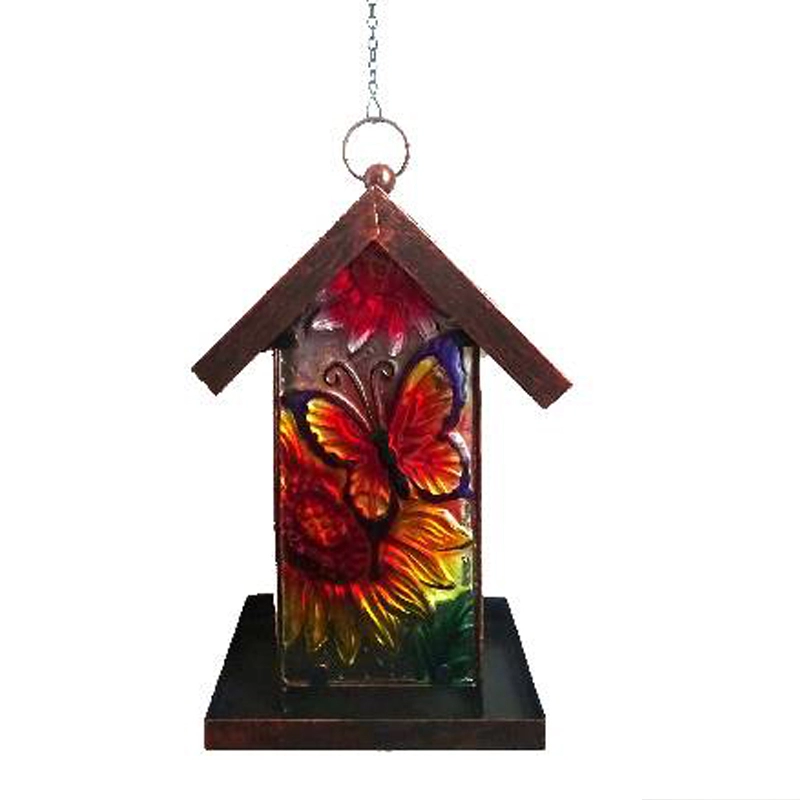Alimentador de pájaros solar de vidrieras y metal Decoración de jardín colgante