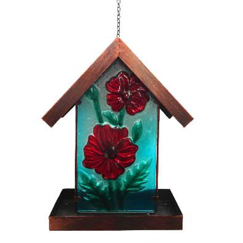 Alimentador de pájaros solar colgante de metal y decoración de vidrio con flores / Casa