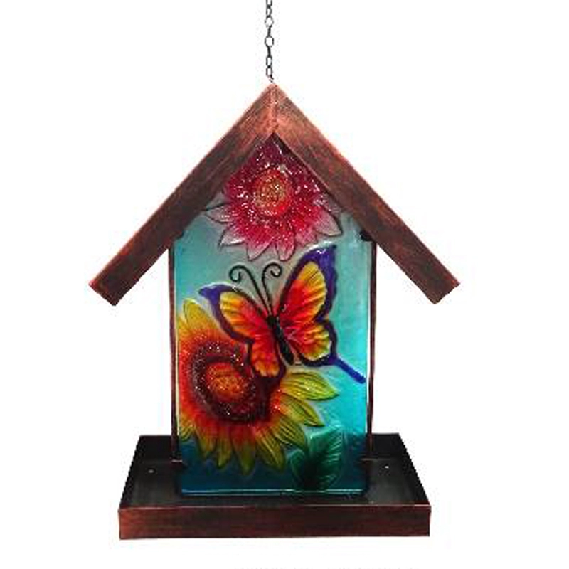 Alimentador de pájaros de mariposa de vidrio - Adorno de césped solar para colgar al aire libre, arte de patio