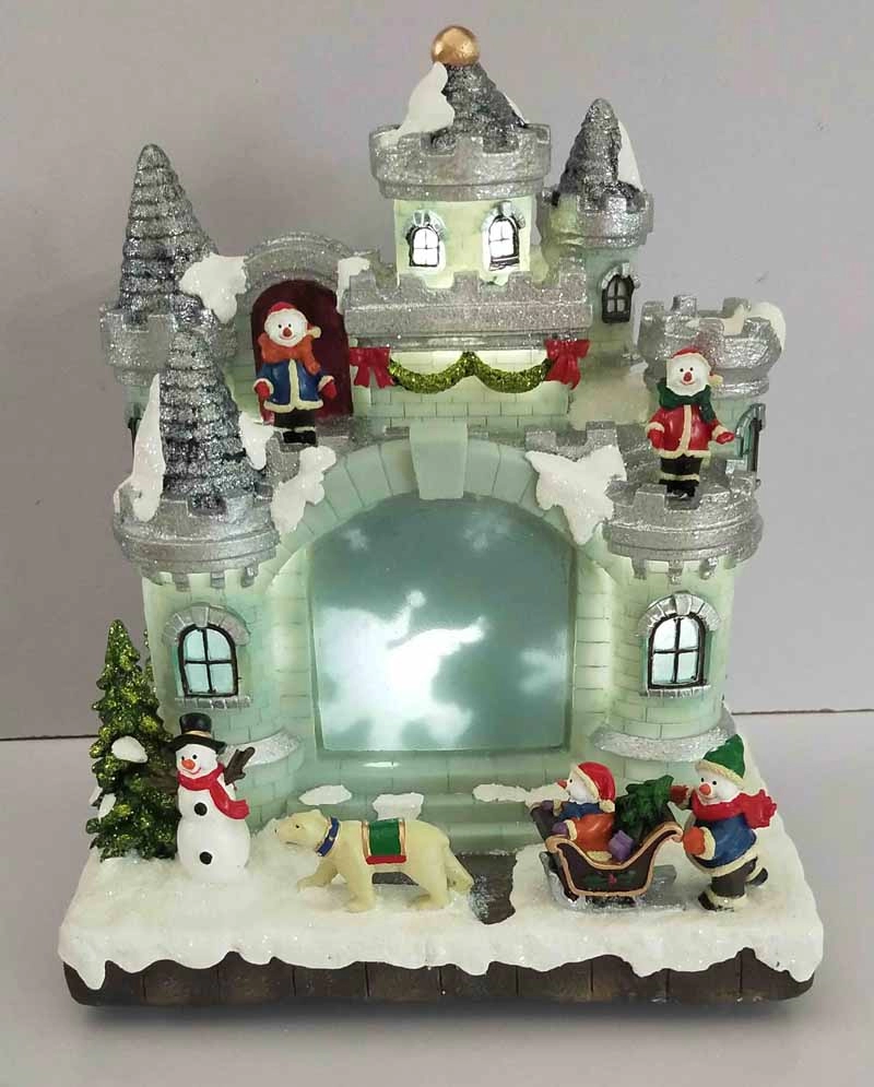 Castillo de muñeco de nieve de Navidad LED con muñeco de nieve corriendo alrededor del castillo