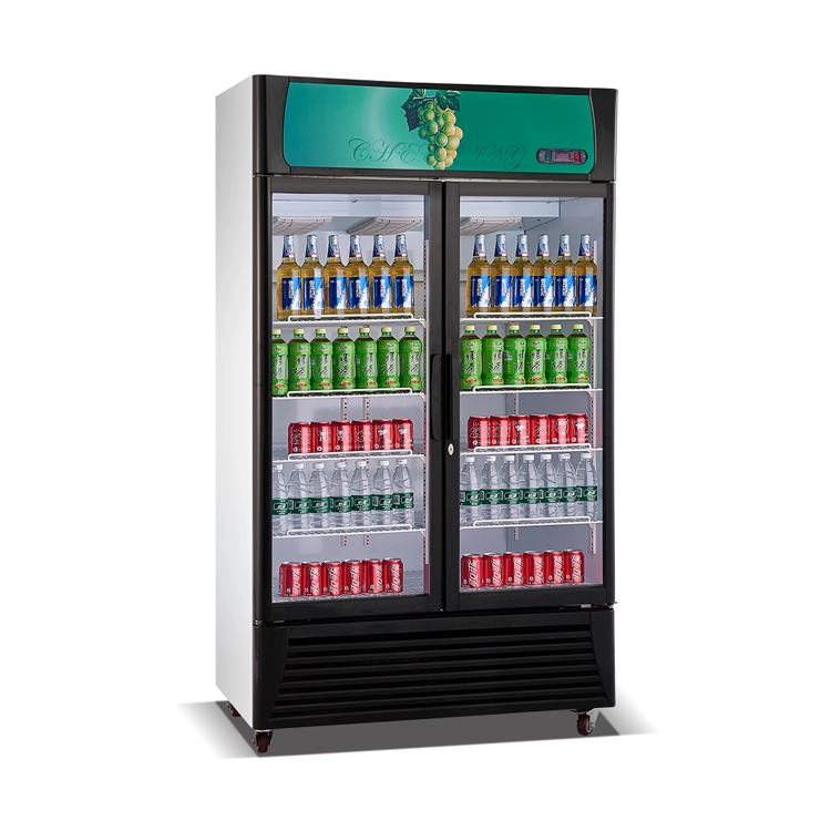 Refrigerador de exhibición de bebidas de doble puerta de vidrio vertical comercial para bebidas