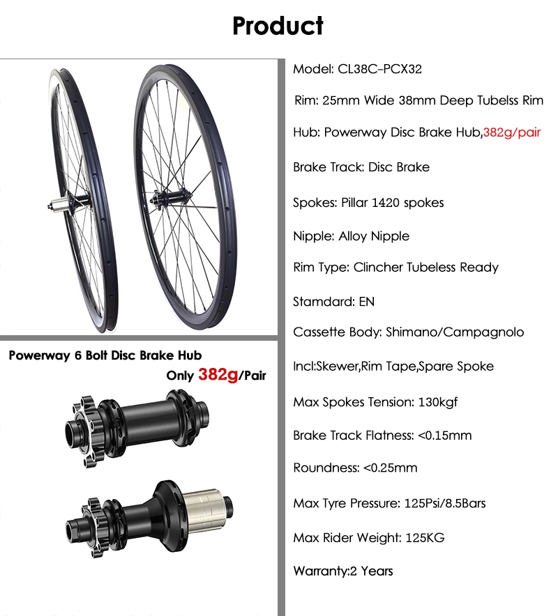 Ruedas sin cámara para bicicleta de carretera, bujes de freno de disco de tracción recta Powerway