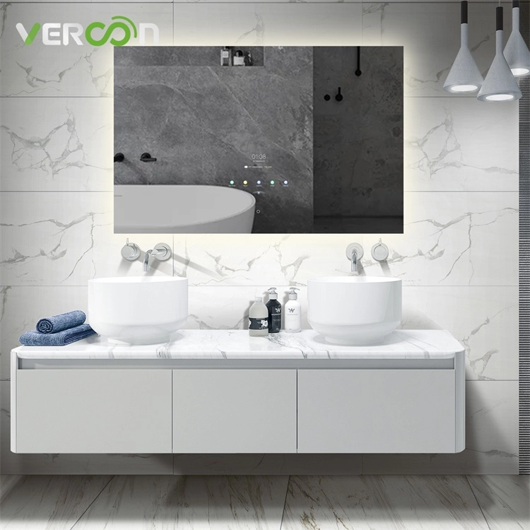 Espejo de baño inteligente con pantalla táctil, luz retroiluminada, montaje en pared inteligente, marco de aluminio con luz Led, maquillaje