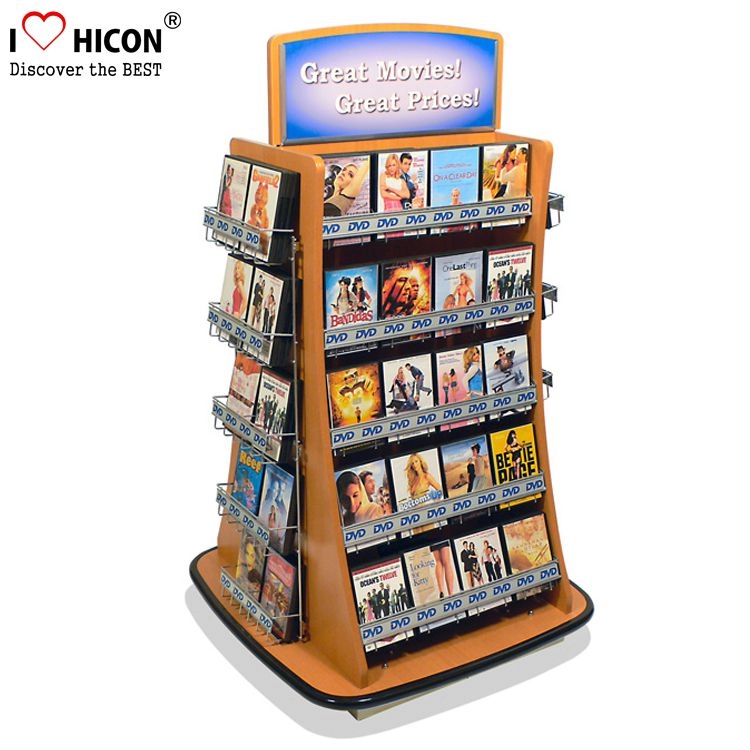 Estante de exhibición de venta al por menor de CD DVD móvil de 4 vías hecho de madera y alambre de metal