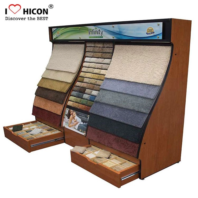 Estante de exhibición de muestra de alfombra de piso de madera grande a la venta con cajón