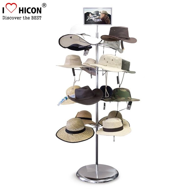 Soporte de exhibición de sombrero de piso de metal personalizado plateado casual de 4 lados