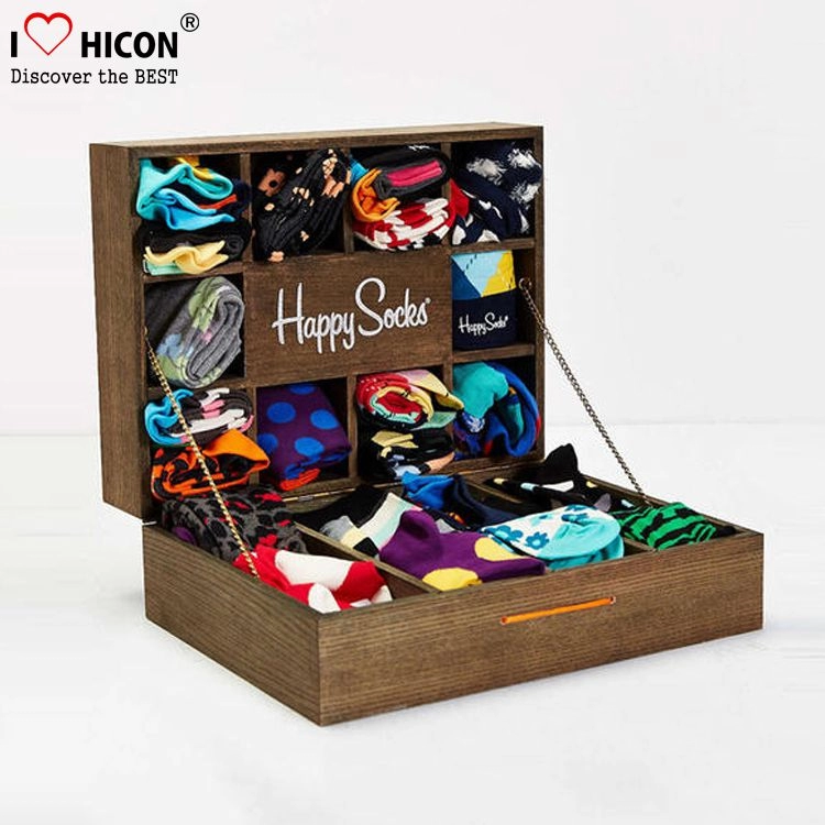 Caja de pie de exhibición de calcetín de encimera de madera marrón personalizada feliz
