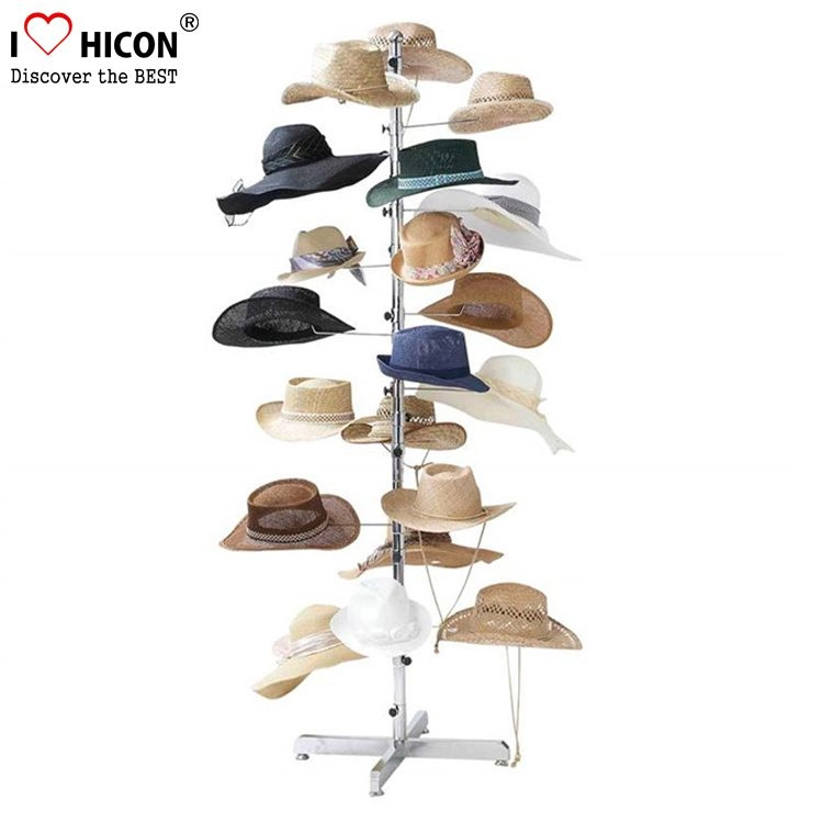 Soporte de exhibición de sombrero de piso de metal personalizado plateado casual de 4 lados