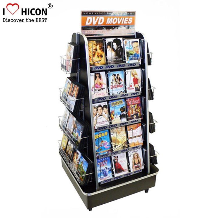 Estante de exhibición de venta al por menor de CD DVD móvil de 4 vías hecho de madera y alambre de metal