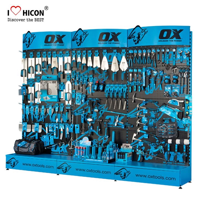 Estante de exhibición de herramientas eléctricas de jardín de metal en forma de H de color azul
