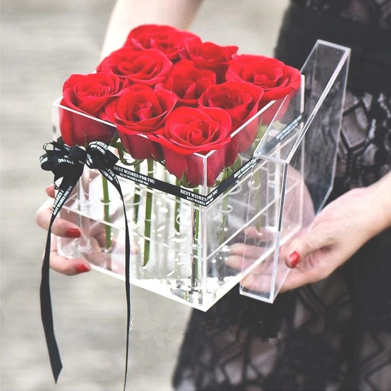 Caja acrílica flor cuadrada rosa caja de colección de flores eternas caja de cristal transparente