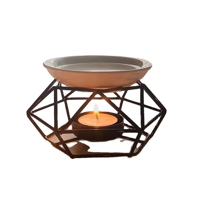 Quemador de aceite de cera de candelita de cerámica con diseño de nido de pájaro con estante de hierro