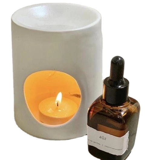 Quemador de aceite esencial de cerámica blanca, calentador de velas, textura rayada