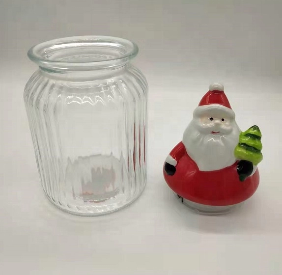Recipiente de vidrio Frasco de comida con tapa de cerámica Forma de Papá Noel