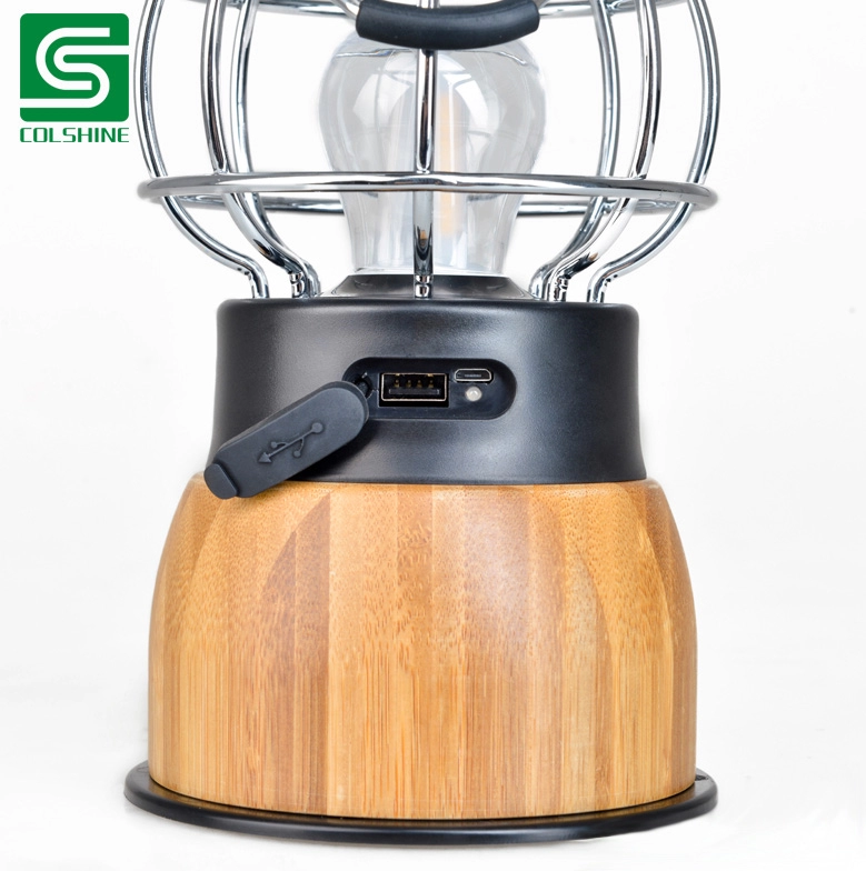 Lámpara de mesa de linterna de luz de camping de bambú con banco de alimentación USB