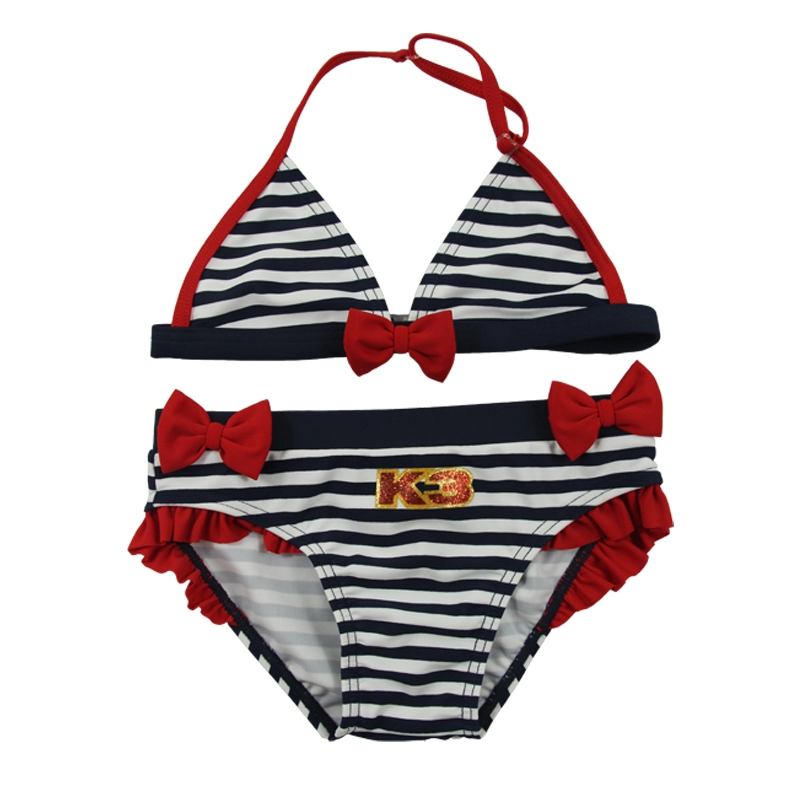 Conjunto de bikini de rayas azul marino y lazos rojos para niñas