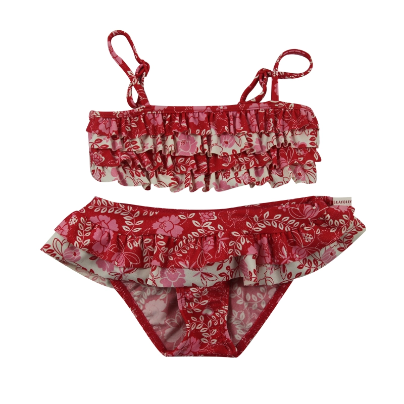 Conjuntos de bikini para niñas con volantes múltiples de flores tropicales rojas