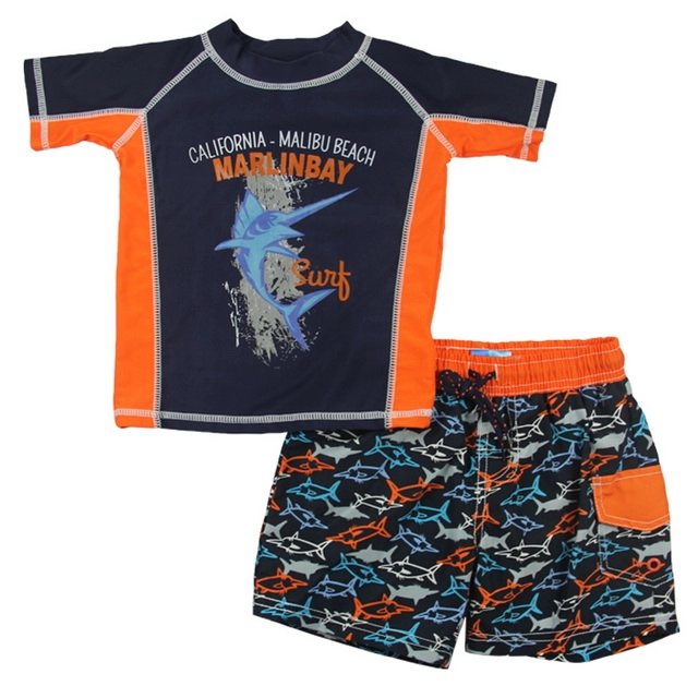 Shorts de baño y protección contra sarpullidos en azul marino y naranja