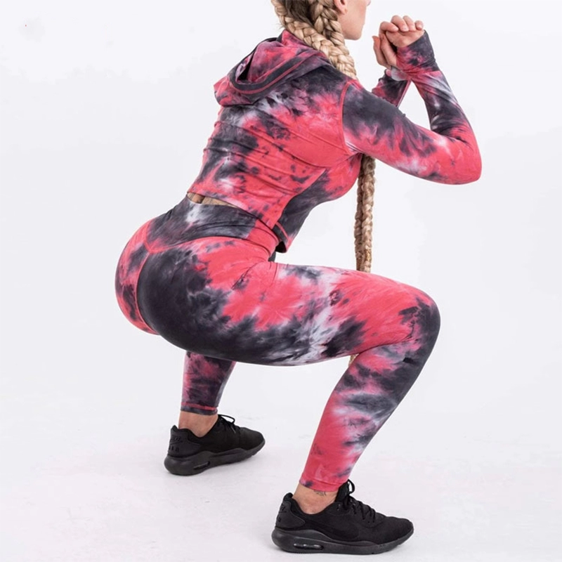 Tie-Dye 2 piezas Yoga Crop Mujer Sudaderas con capucha Set