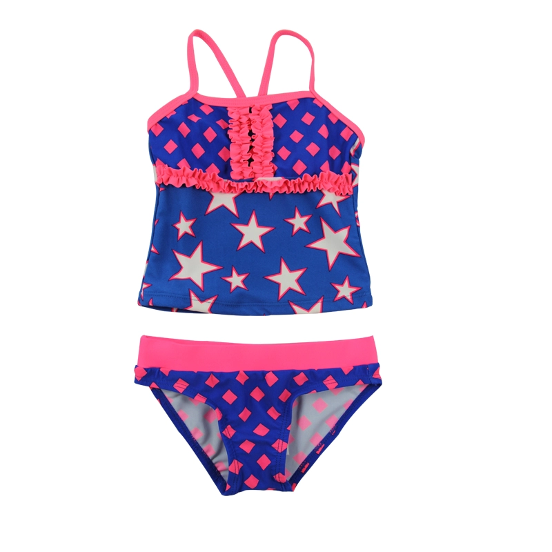 Traje de baño de playa con volantes y conjunto de tankini para niñas en azul y rosa de estrellas