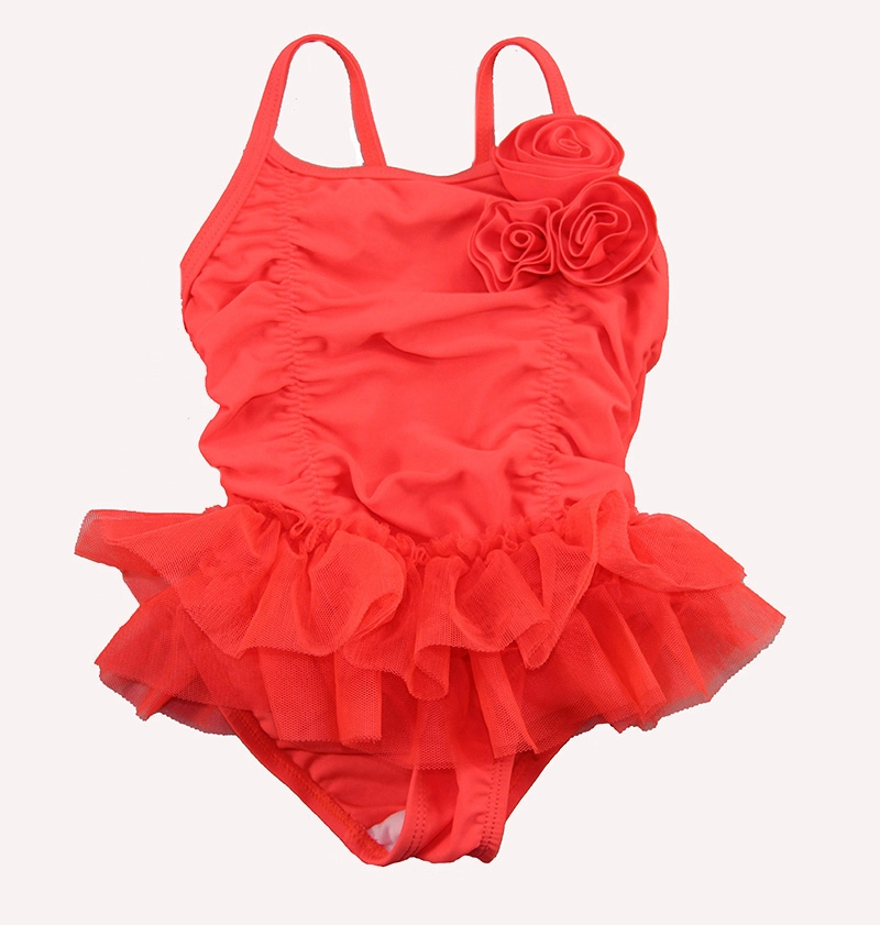Traje de baño de una pieza con falda rojo brillante para niñas pequeñas