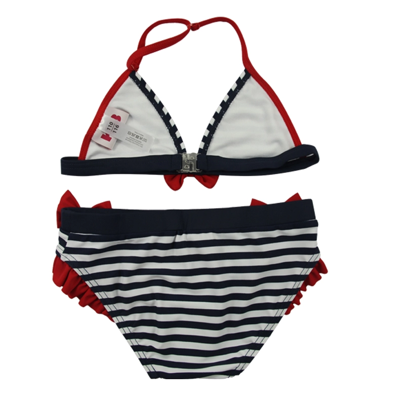 Conjunto de bikini de rayas azul marino y lazos rojos para niñas