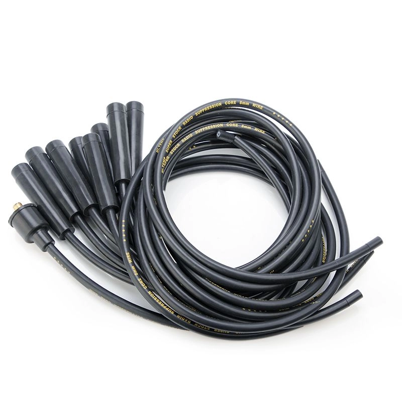 Juego de cables de bujía negros de 8 mm con fundas rectas