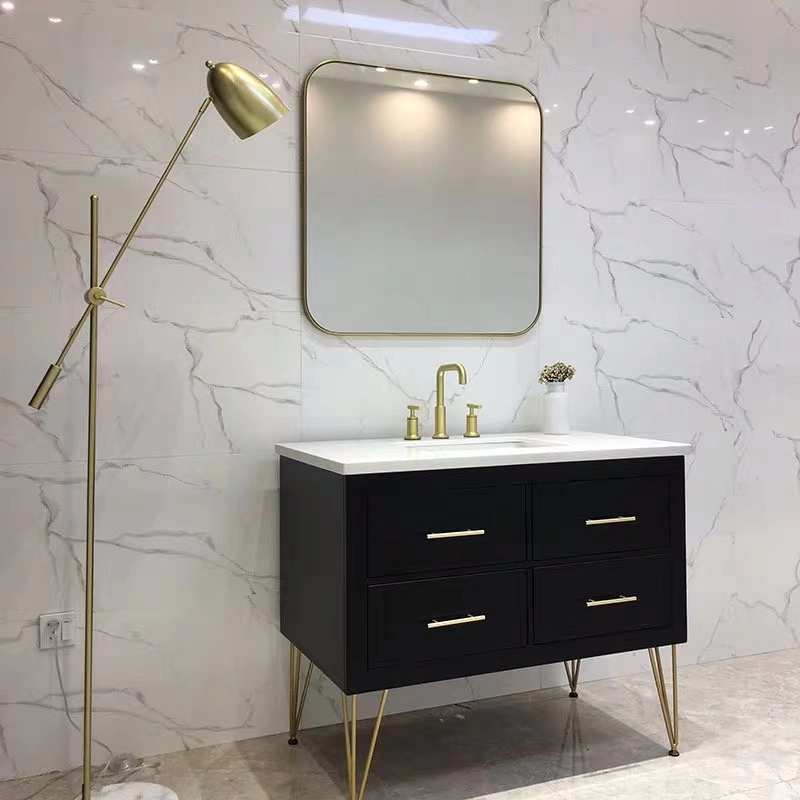 Espejo de pared de baño cuadrado dorado de metal