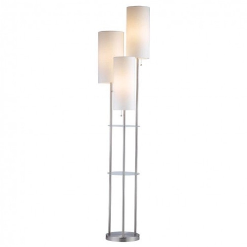 Lámpara de pie de 3 luces en níquel cepillado con baldas de cristal