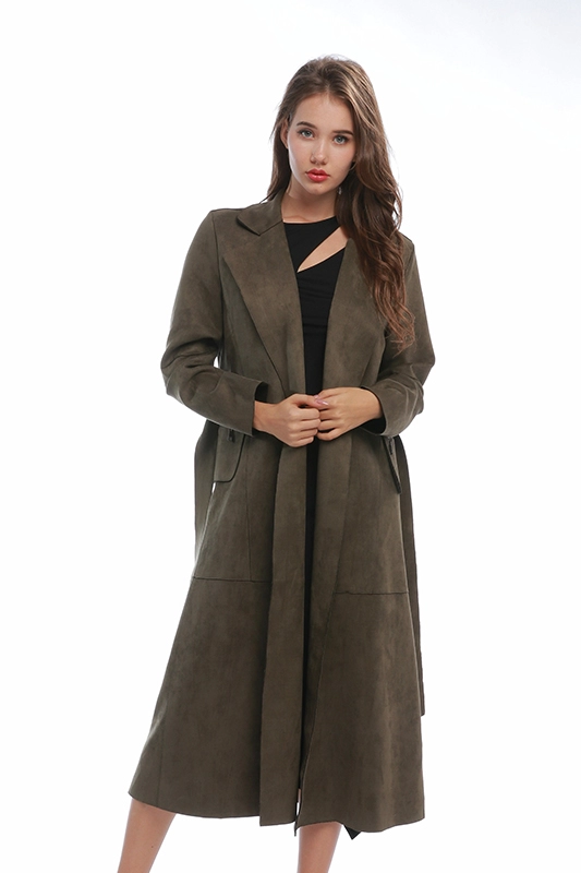 Abrigo largo de invierno con cinturón y solapa de muesca marrón para mujer