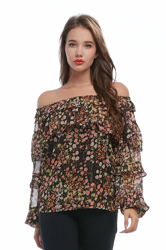 Blusa de gasa fruncida con mangas con volantes florales y hombros descubiertos para mujer