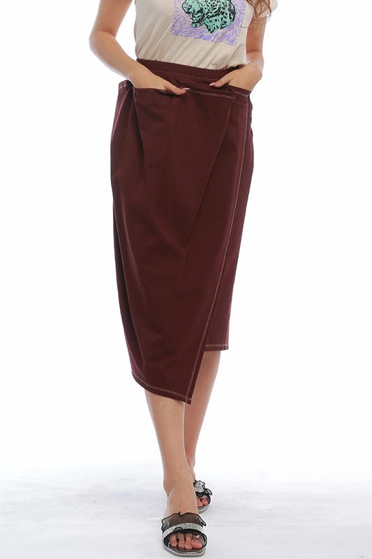 Faldas de mujer de color rojo vino con abertura en la parte posterior de la cintura elástica de superposición delicada informal Midi de corte único del fabricante de China