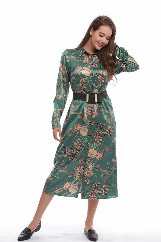 Vestido camisero tipo túnica con cinturón de manga larga a media pierna de satén floral vintage elegante informal para mujer