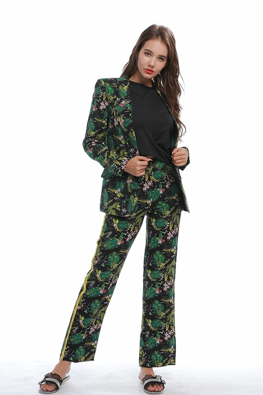 Casual Thin Green Floral Print Trajes Blazers Cintura elástica recta Cinta lateral Pantalones impresos Conjunto de traje de dos piezas