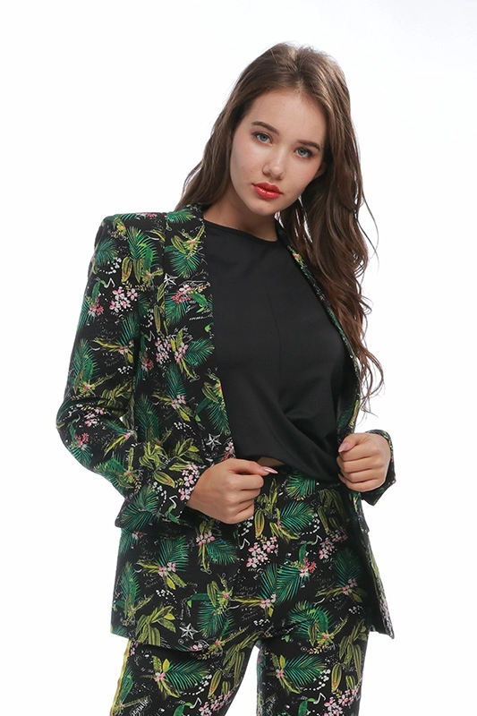 Trajes de mujer de punto con estampado floral verde fino de manga larga de alta calidad Blazers para mujer