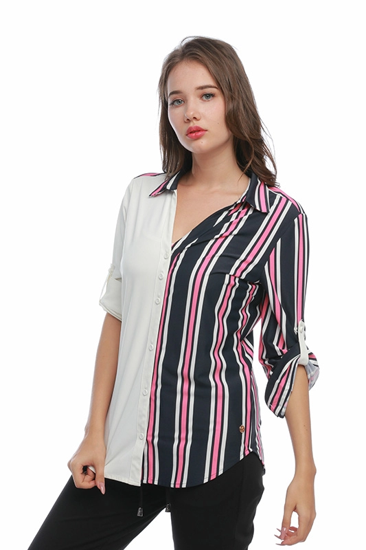 Camisa de mujer de blusa de mujer de poliamida sólida mezcla de rayas elegante casual