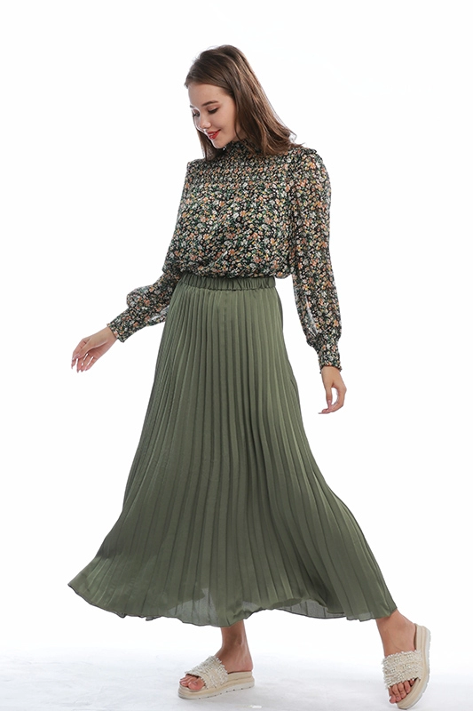 Falda de mujer cómoda con cintura elástica plisada de color puro larga larga informal elegante