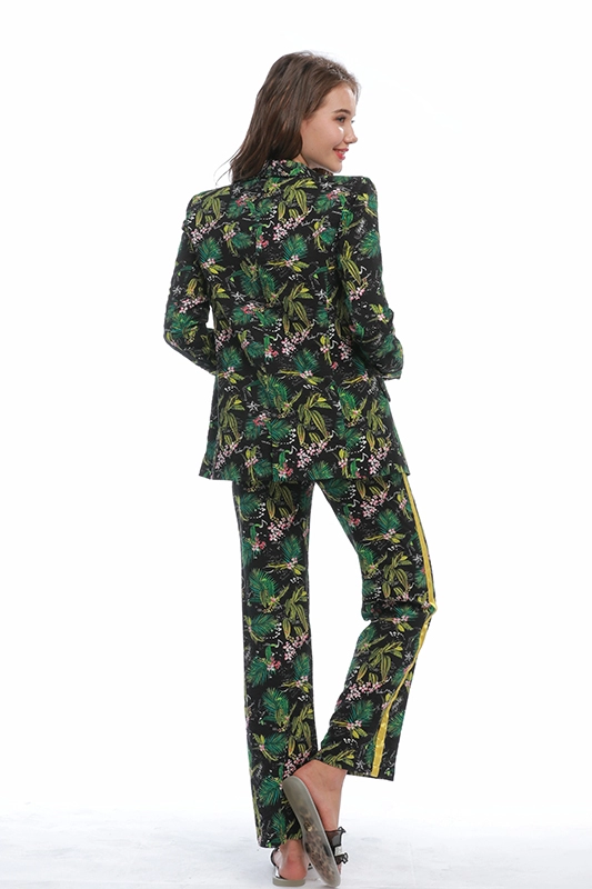 Casual Thin Green Floral Print Trajes Blazers Cintura elástica recta Cinta lateral Pantalones impresos Conjunto de traje de dos piezas