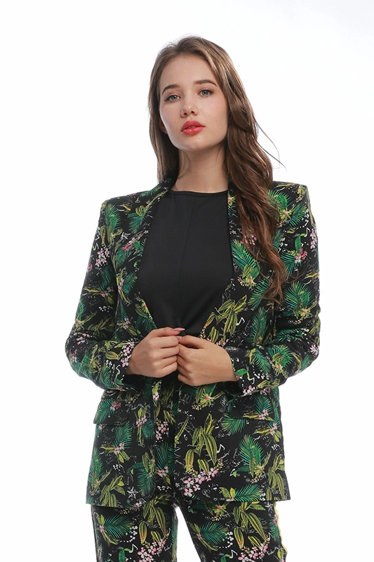 Trajes de mujer de punto con estampado floral verde fino de manga larga de alta calidad Blazers para mujer
