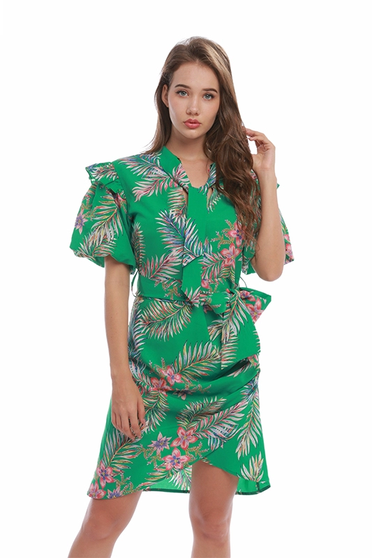 Euro Designer Fashion Women Short Puff Sleeve Belted Front Tie Ladies Floral Vestido informal para mujer