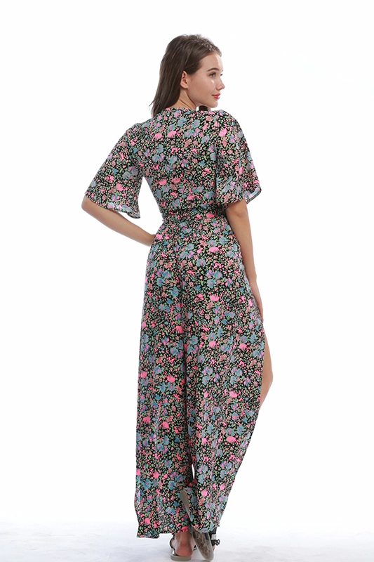 OEM Factory Custom Summer Casual Floral Impreso Gasa Verano Mujer Ropa Crop Top Slit Pants Conjunto de dos piezas