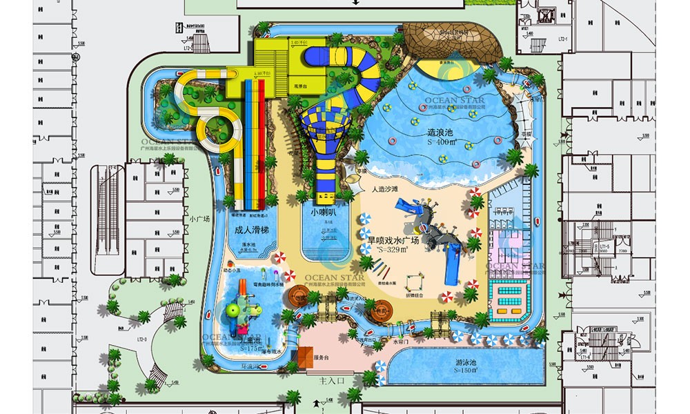 Diseño de parque acuático al aire libre de 4000 cuadrados.