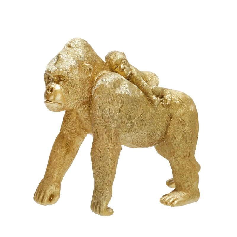 Figura de resina con gorila dorado, madre y bebé en la espalda