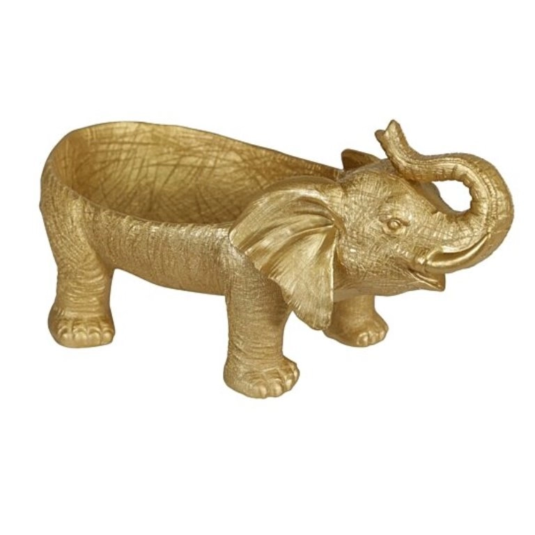 Cuenco decorativo de resina con cuerpo de elefante que toca la trompeta, dorado