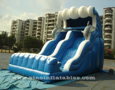 Tobogán inflable de delfín para niños ondulado azul alto de 18 'para patio de recreo al aire libre