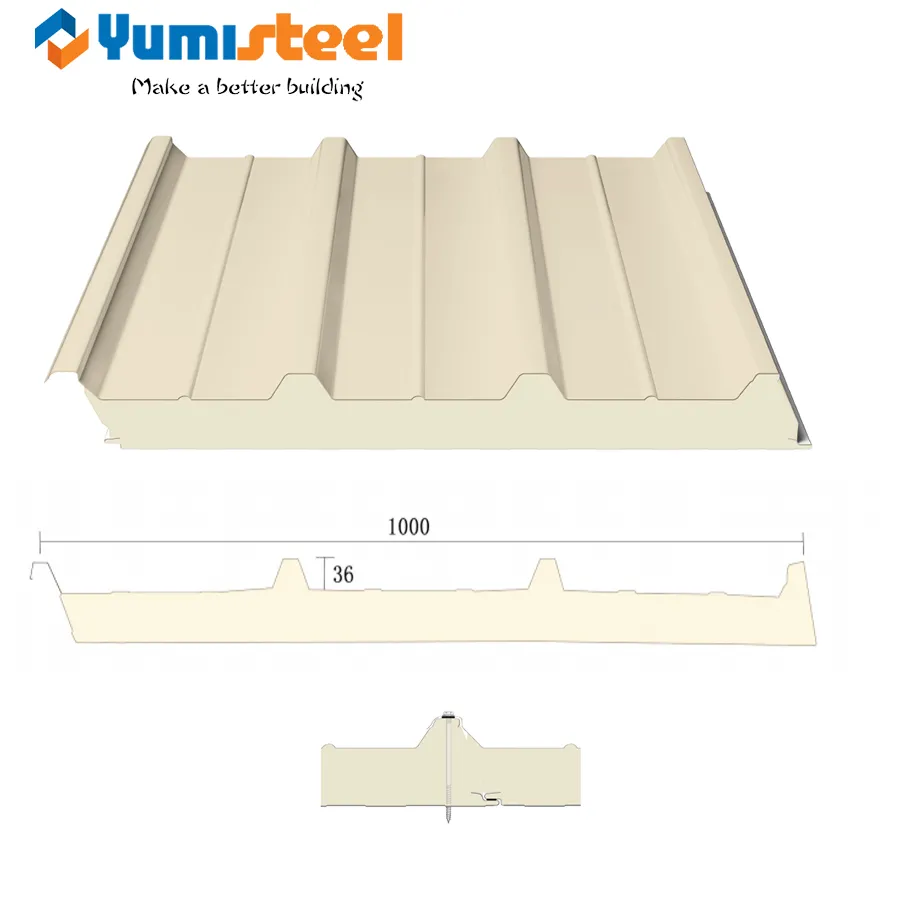 Panel de techo tipo sándwich de PU con tornillos no ocultos y 4 costillas de 75 mm